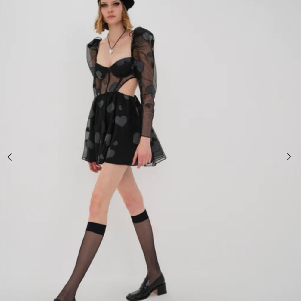 For Love & Lemons Alexandra Long Sleeve Mini Dress Black Hearts NWT - Picture 2 of 7
